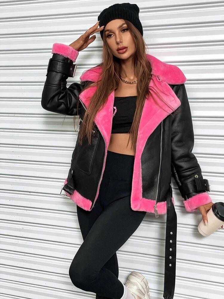 Colorblock Teddy Lined Belted Moto Jacket