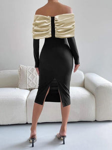 Two Tone Off Shoulder Fold Over Bodycon Dress