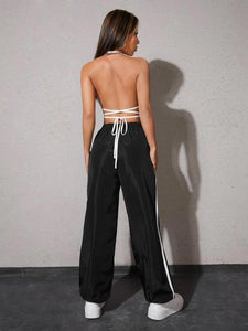 Contrast Binding Crisscross Tied Backless Halter Top & Pants Set