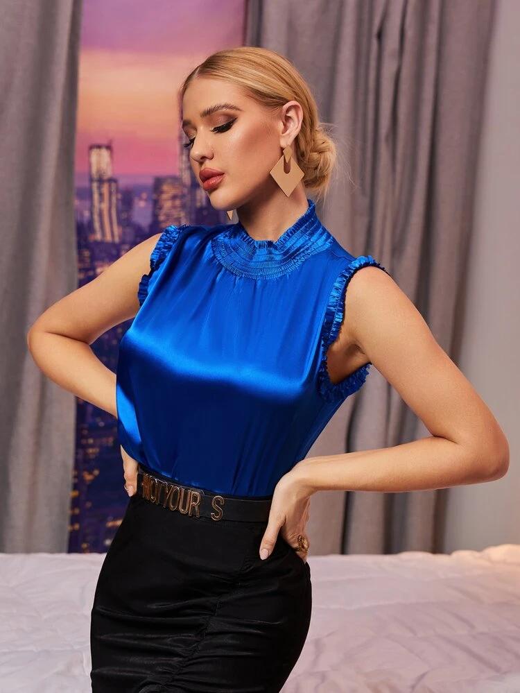 Solid Shirred Keyhole Back Satin Top freeshipping - Kendiee