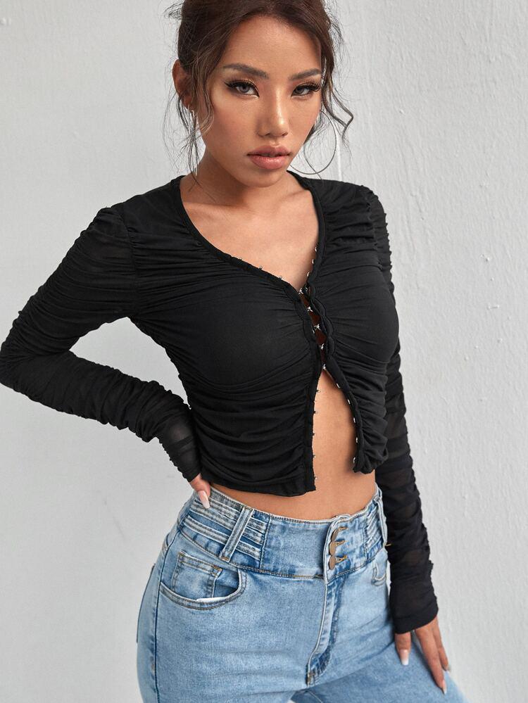 Hook And Eye Placket Ruched Mesh Top freeshipping - Kendiee