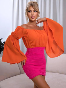 Two Tone Off Shoulder Flounce Sleeve Ruched Dress