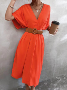 Solid Plunging Neck Dress Without Belt freeshipping - Kendiee