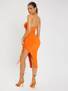 Neon Orange Crisscross Backless Split Thigh Dress freeshipping - Kendiee