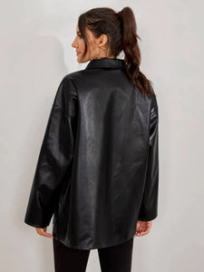 Button Front Drop Shoulder PU Leather Coat freeshipping - Kendiee