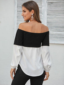 Off Shoulder Mixed Media Button Front Blouse freeshipping - Kendiee