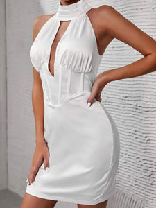 Cut Out Ruched Zip Back Satin Halter Dress