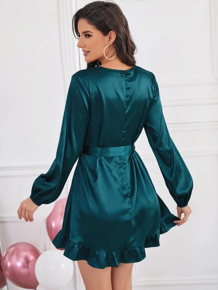 Solid Ruffle Trim Belted Satin Dress freeshipping - Kendiee
