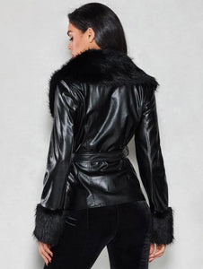 Fuzzy Collar Belted PU Leather Jacket