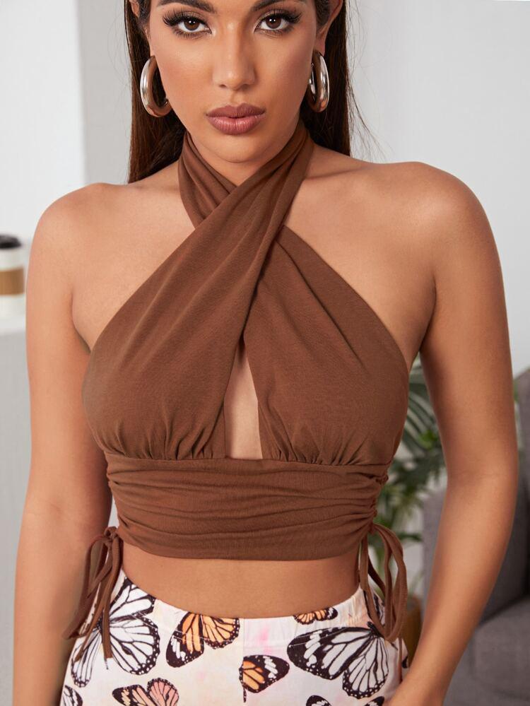 Solid Criss Cross Backless Drawstring Side Halter Top freeshipping - Kendiee