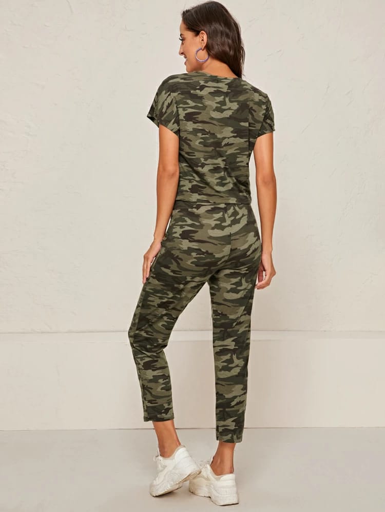 Batwing Sleeve Camo Tee And Tie Front Joggers Set