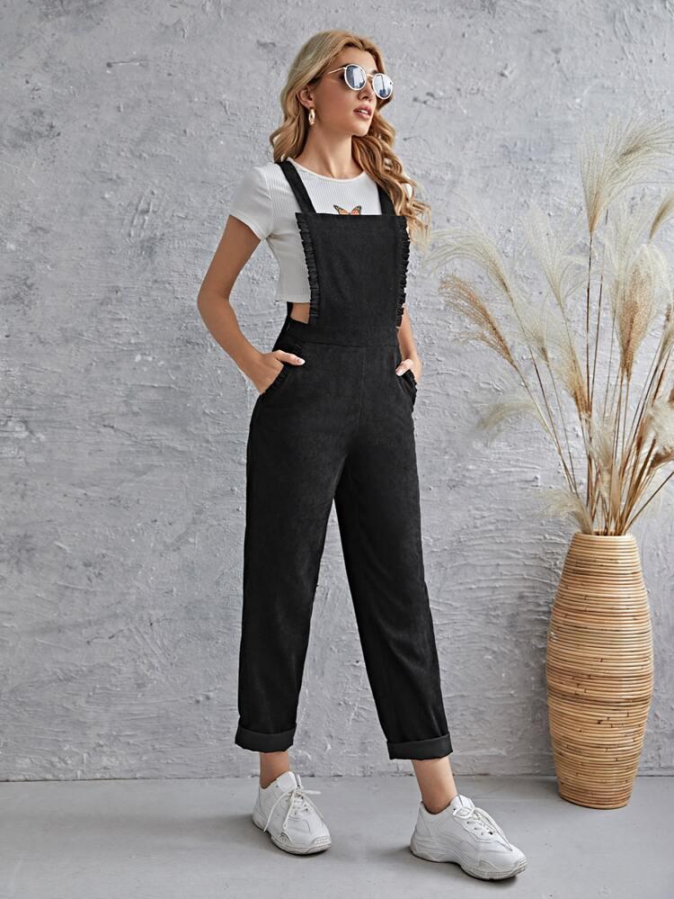 Frill Trim Pocket Front Cord Overalls freeshipping - Kendiee