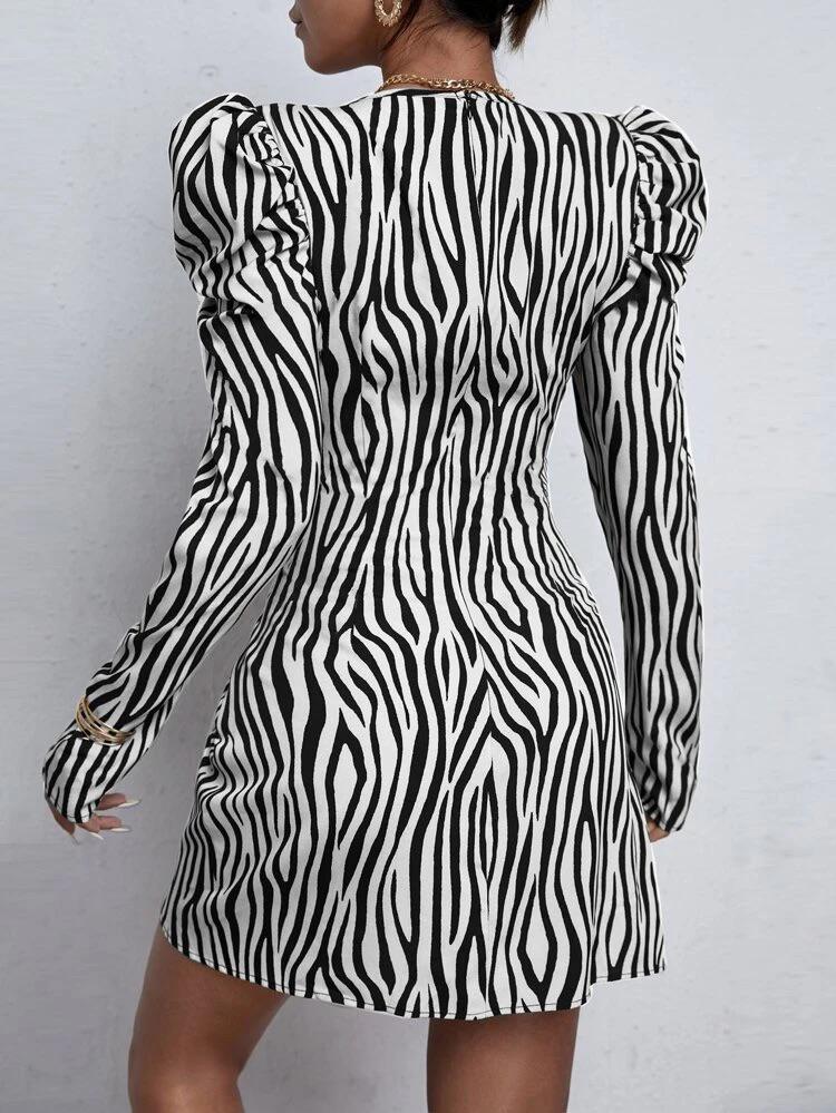 Zebra Striped Sleeve Ruffle Trim Wrap Dress