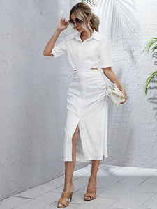 Button Front Ruched Detail Cut Out Shirt Dress