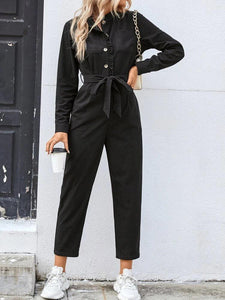 Solid Button Front Belted Shirt Jumpsuit