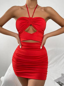Ruched Cut Out Drawstring Backless Halter Dress freeshipping - Kendiee