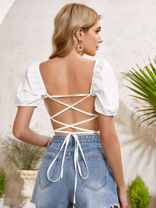 Lace Up Back Ruched Front Crop Top freeshipping - Kendiee