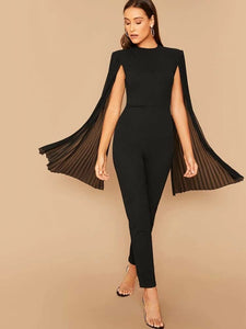 Solid Pleated Cape Jumpsuit freeshipping - Kendiee
