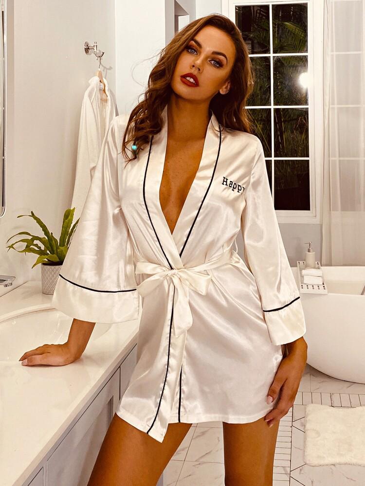 Letter Graphic Satin Belted Robe freeshipping - Kendiee