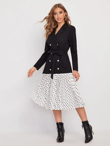Notched Collar Double Breasted Self Belted Two Tone Polka Dot Dress freeshipping - Kendiee