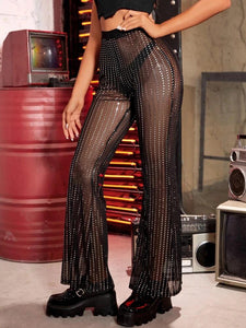 Sequin Mesh Flare Leg Pants without Panty