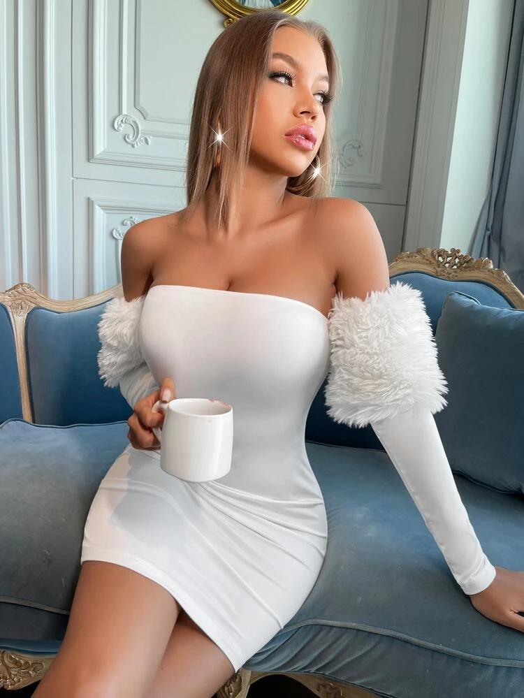 Off Shoulder Contrast Fuzzy  Bodycon Dress freeshipping - Kendiee