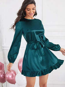 Solid Ruffle Trim Belted Satin Dress freeshipping - Kendiee
