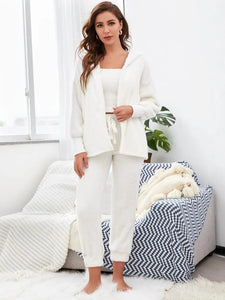 3pcs Flannel Solid Lounge Set With Hooded Robe freeshipping - Kendiee