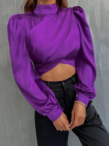 Solid Puff Sleeve Crop Blouse