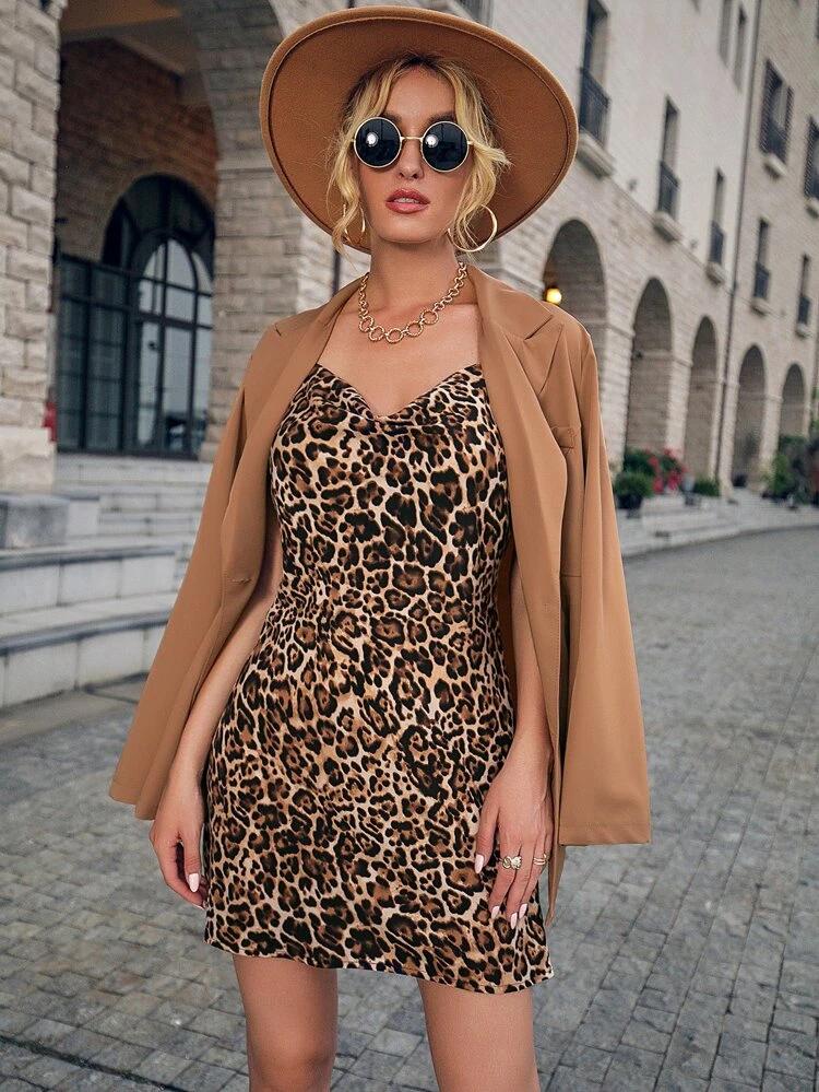 Leopard Print Draped Cami Dress freeshipping - Kendiee