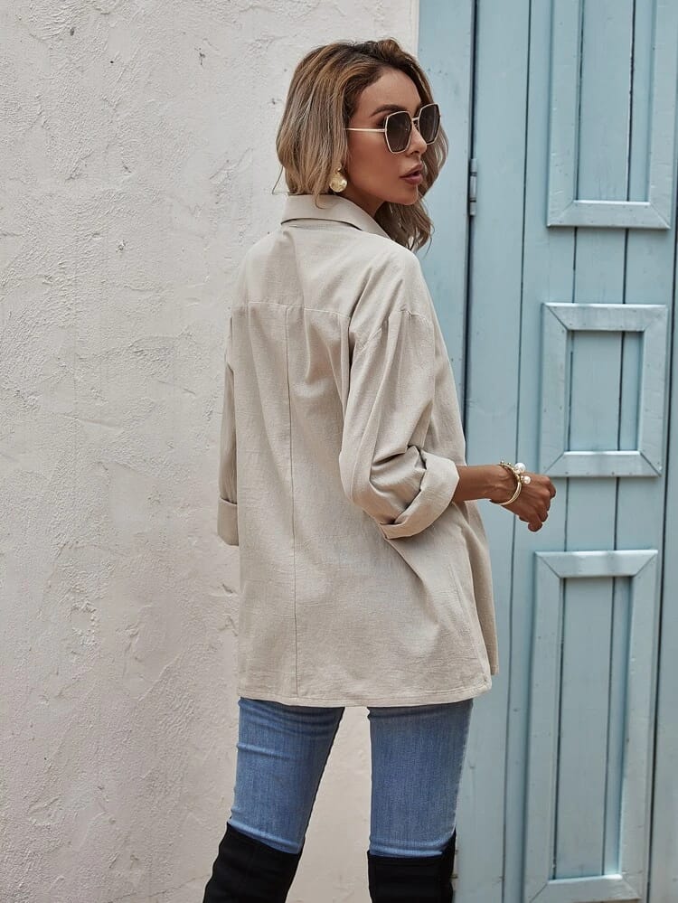 Solid Pocket Front Button Up Blouse freeshipping - Kendiee