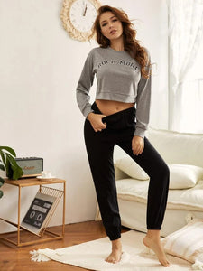 Letter Graphic Crop Sweatshirt With Sweatpants Lounge Set freeshipping - Kendiee