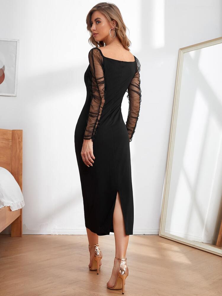 Contrast Mesh Sleeve Slit Back Fitted Dress freeshipping - Kendiee
