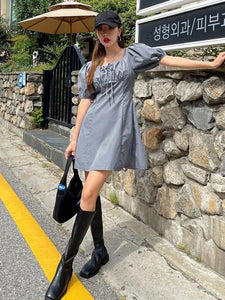 Puff Sleeve Fake Button Tie Front Dress freeshipping - Kendiee