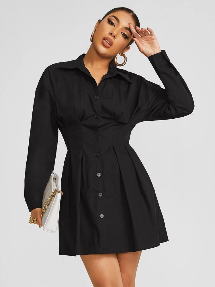 Single Breasted Fold Pleated Shirt Dress freeshipping - Kendiee