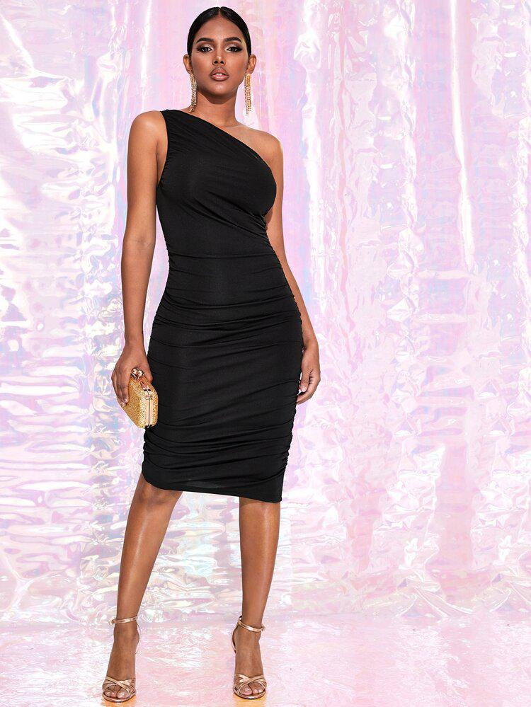 One Shoulder Ruched Bodycon Dress freeshipping - Kendiee