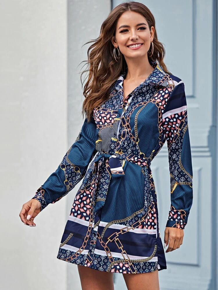 Belted Scarf & Chain Print Shirt Dress freeshipping - Kendiee