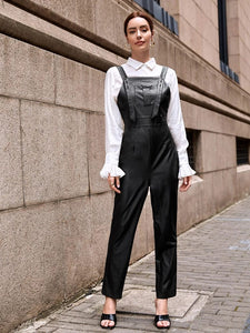 Buttoned Strap Pocket Front PU Leather Pinafore Jumpsuit freeshipping - Kendiee