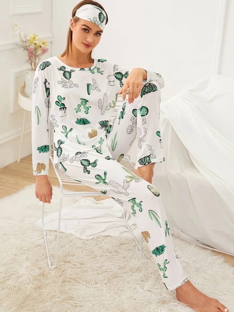 Cactus Print Pajama Set With Eye Cover freeshipping - Kendiee