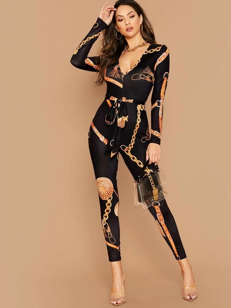 Chain Print Belted Unitard Jumpsuit freeshipping - Kendiee