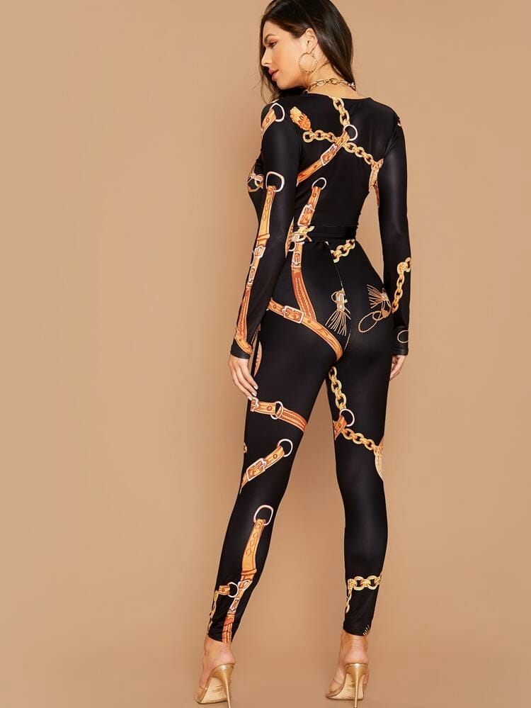 Chain Print Belted Unitard Jumpsuit freeshipping - Kendiee