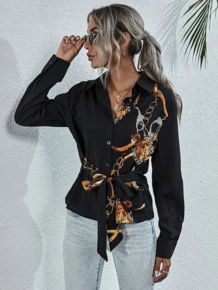 Chain Print Tie Front Blouse freeshipping - Kendiee