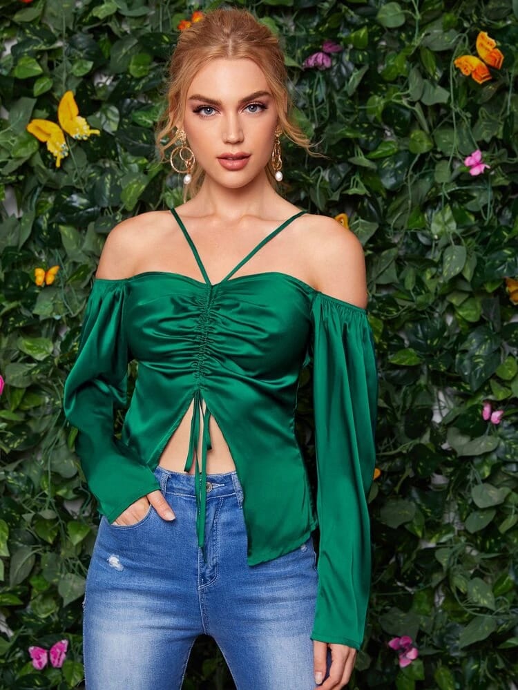 Cold Shoulder Drawstring Ruched Front Satin Top freeshipping - Kendiee