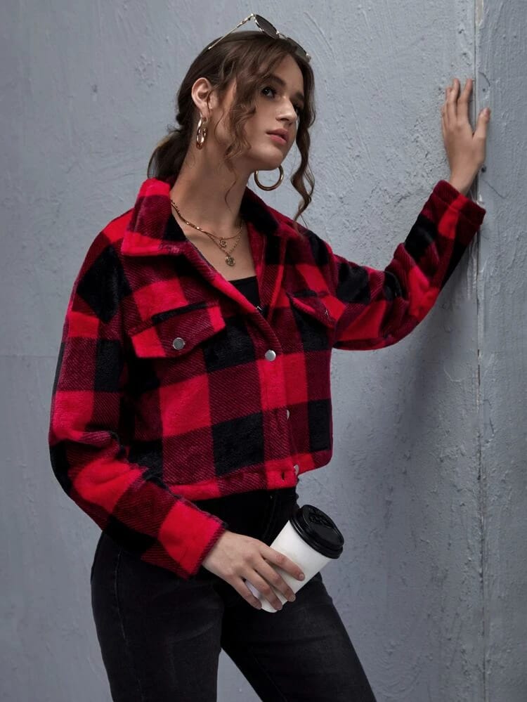Collared Buttoned Front Buffalo Plaid Jacket freeshipping - Kendiee
