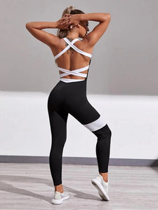 Colorblock Criss Cross Backless Sports Jumpsuit freeshipping - Kendiee