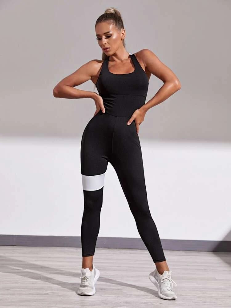Colorblock Criss Cross Backless Sports Jumpsuit freeshipping - Kendiee