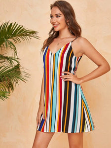 Colorful Striped Cami Dress freeshipping - Kendiee