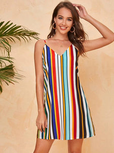 Colorful Striped Cami Dress freeshipping - Kendiee