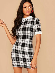 Contrast Collar And Cuff Plaid Bodycon Dress freeshipping - Kendiee