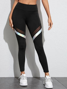 Contrast Mesh Holographic Panel Sports Leggings freeshipping - Kendiee